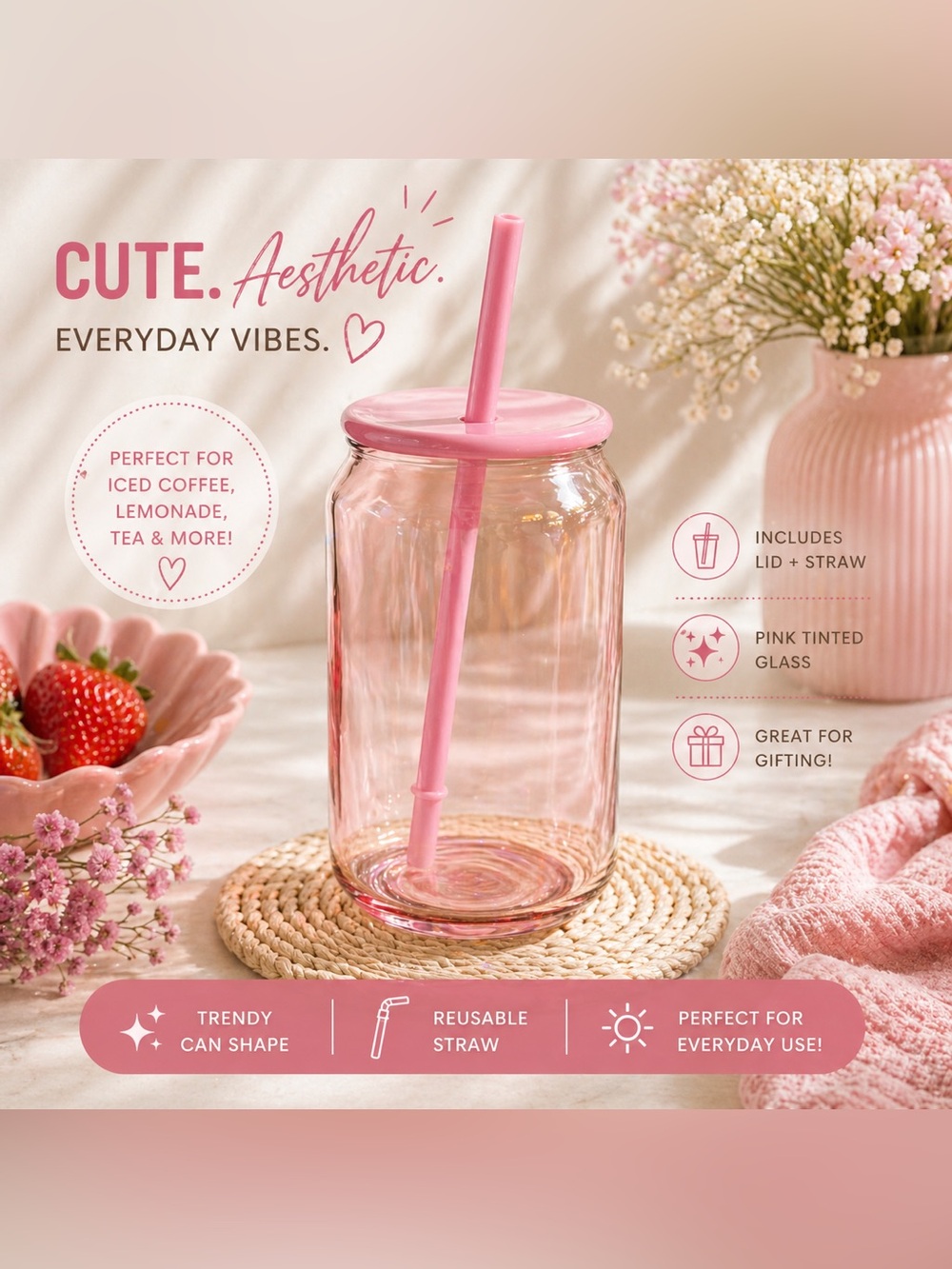 Pink Glass Tumbler w/ Lid & Straw Aesthetic Cute Drink Cup Coquette Style